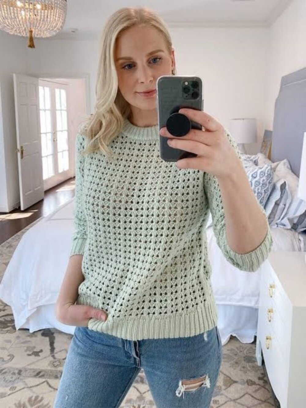 Club Monaco Women Open-Stitch Sweater Shirt Chandails Pullover Wool Alpaca Mint